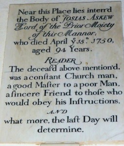 After the murder of Thomas Adams (joint Lord of the Manor) in 1626), his widow Elizabeth married Thomas Askew.  Josias appears to be the grandson of Elizabeth and Thomas Askew, inheriting the Manor House and manorial rights.