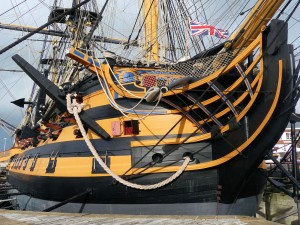 This is HMS Victory, fully restored and preserved in Portsmouth, near to Gunwharf Quay.  It was the flagship of Admiral Nelson who was shot by a French sharpshooter during the battle.