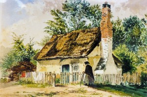 Nancy Green's Cottage, Duck End, circa 1860 before it was pulled down.  Many large families were raised in such dwellings. Watercolour by Emily Fremantle.