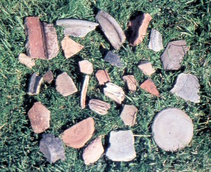 Fragments of Roman pottery found by Ken Reading in the earl;y 1990's between Swanbourne & Hoggeston. Also two animal teeth.