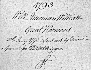 Will label for Newman Williatt of Great Horwood; died 1793