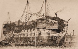 Engraving of a prison ship bound for Australia in Portsmouth harbour.