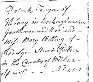 Patrick Tonyn Parish Record of his marriage, 1754