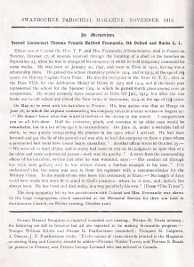ewspaper cutting about the death of T.F.H.Fremantle in WW1 death